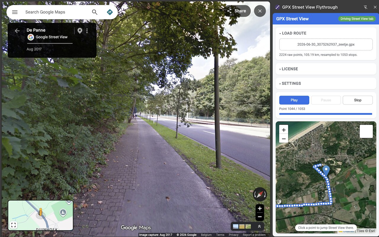 GPX Street View Flythrough side panel next to Google Street View, showing a loaded cycling route and satellite minimap